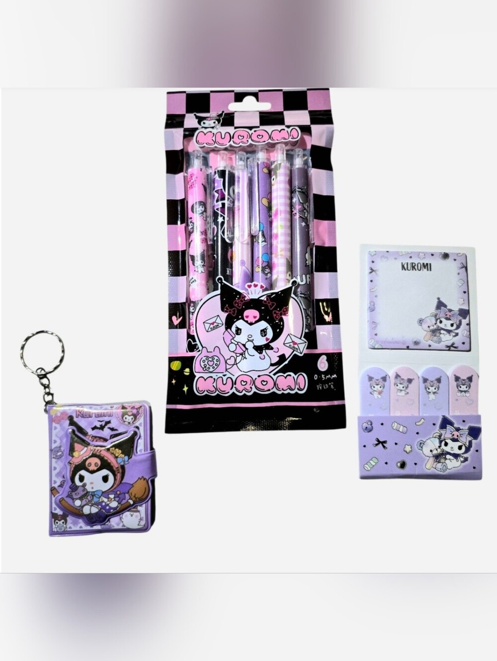 Kuromi Stationery Set with Sticky Notes, Pen Set, and Mini Notebook Keychain NEW